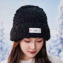 Thickened Green Knitted Hat With Chunky Yarn & Loose Design To Make Your Face Look Smaller, Keep Warm In Autumn And Winter - Black - View 2