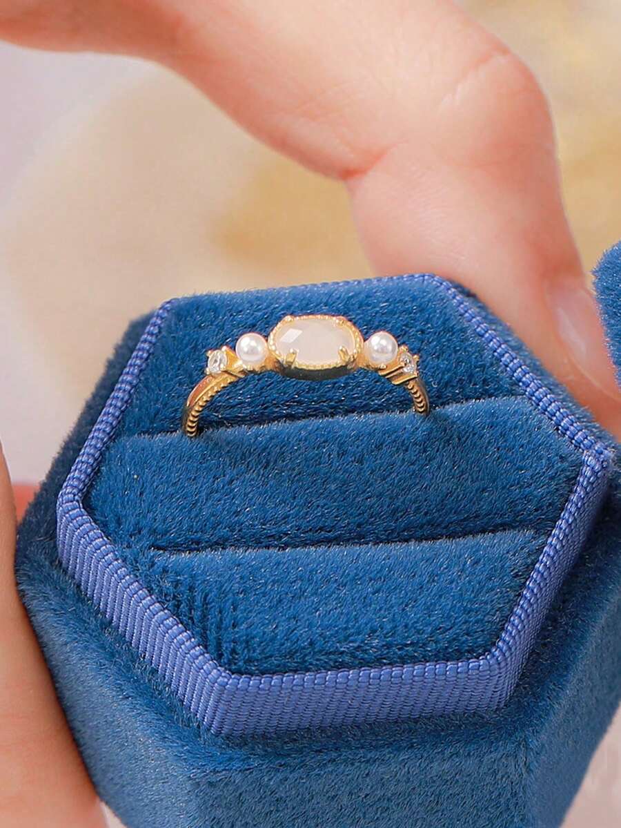 蛋白石&珍珠&白鑽石手工銀戒指,配有禮盒,適合送給女友和妻子,聖誕週年和生日禮物點子,精品珠寶 - 金色 - 查看 1