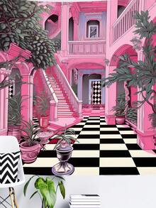 1 件粉紅色房屋和植物圖案印花掛毯 - 彩色 - 查看 4