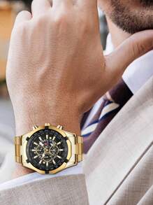 VA VA VOOM 1入組男士金色不銹鋼錶帶休閒防水圓形錶盤石英手錶，適合日常生活 - 金色 - 查看 6