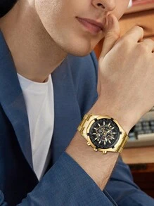 VA VA VOOM 1入組男士金色不銹鋼錶帶休閒防水圓形錶盤石英手錶，適合日常生活 - 金色 - 查看 7