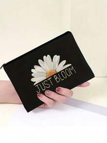 綻放的雛菊拉鍊印花袋,可折疊,大容量,非常輕便,適合化妝品收納袋、文具、鑰匙、衛生巾等存儲,適用於女士和男士的個人旅行和商務旅行收納,適合重返校園的大學生 - 黑色 - 查看 2