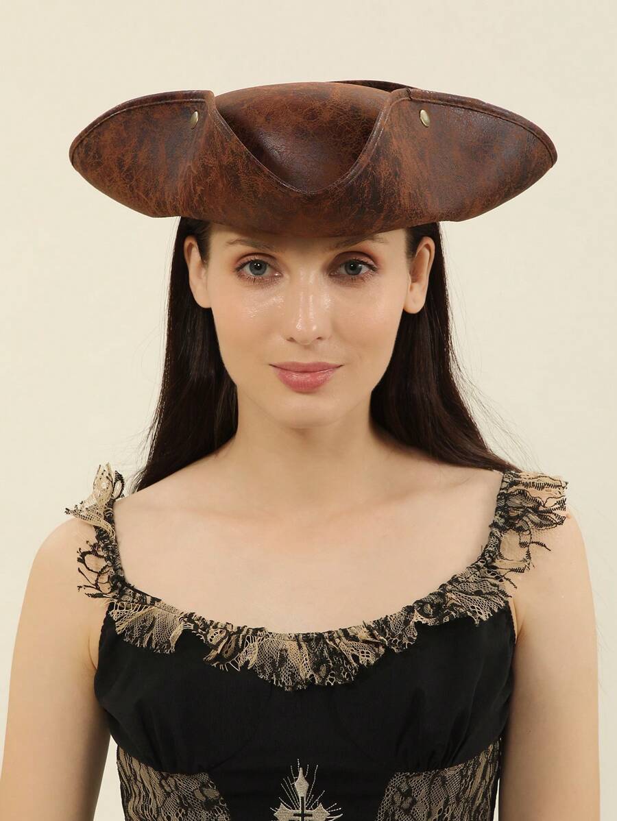 派对 1 件女士棕色仿旧仿皮加勒比海盗帽，三角形帽子，适合角色扮演，舞台表演服装牛仔帽海盗服装