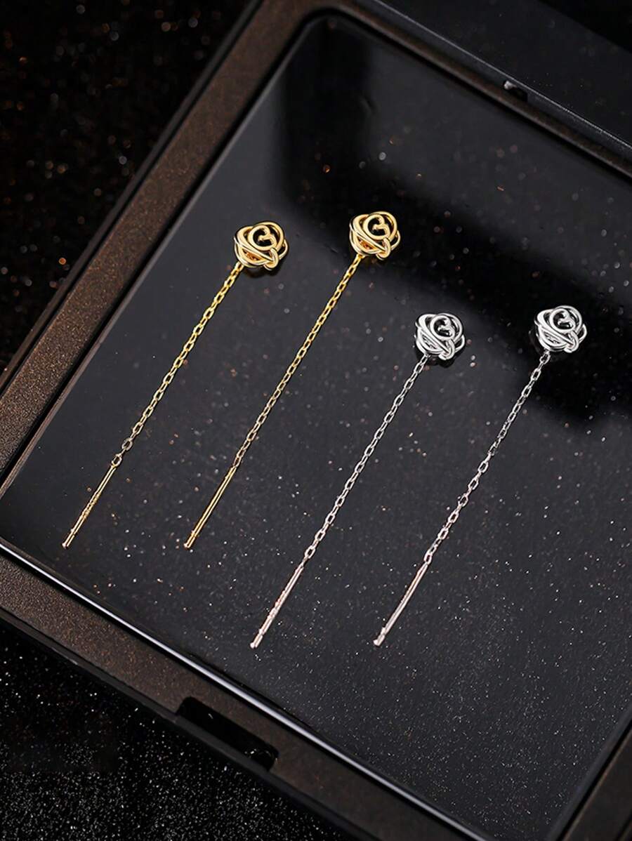 1對925純銀空心玫瑰流蘇女耳環，輕奢優雅的法式復古花朵耳環假日版