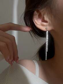 1pair Long Fringe Sparkling Dangle Earrings For Women - Silver - View 1