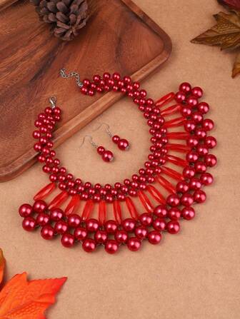 Exaggerated Multi-Layer Handmade Faux Pearl Necklace And Earrings Set For Holidays, Parties