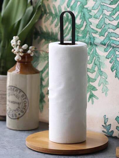 1pc Metal Iron Art + Bamboo And Wood Chassis Black And White Nordic Simple Tissue Rack Desktop Column Type Grease Smoke Table Top Tissue Storage Rack Sanitary Roll Paper Rack,Tissue Box, Tissue Holder, Napkin Holder, Toilet Paper Holder, Toilet Roll Holder, Wipes Container Kitchen Roll Holder, Paper Towel Holder, Table, Bathroom, Kitchen, Car