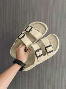 1pair Men's Soft & Comfortable Double Buckle Open Toe Slip-On Sandals