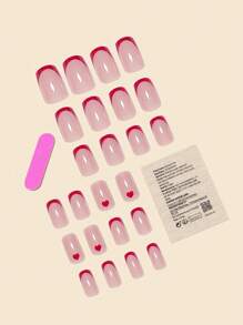 24入組假指甲扁平紅色法式指甲與紅心指甲+指甲產品包括指甲銼、果凍凝膠式貼片指甲混合裝置 - 紅色 - 查看 2