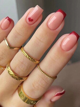 Set de 24 piezas de puntas de uñas artificiales estilo francés con cabeza plana en color rojo y puntas de uñas con forma de corazón en color rojo, incluye lima de uñas, uñas artificiales autoadhesivas de gel y suministros para uñas uñas falsas uña falsa uña acrílica