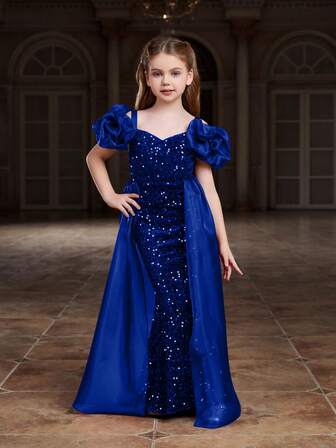 Shiny Puff Sleeve Mermaid Tail Dress With Mesh Patchwork & Sequins, Elegant Formal Gown Suitable For Formal Dinners, Pageants, Celebrations