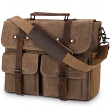 Mens Laptop Messenger Bag Waterproof Canvas Leather Satchel Briefcase Shoulder Bag Computer Work Bag 15.6 Inch - Brown - View 1