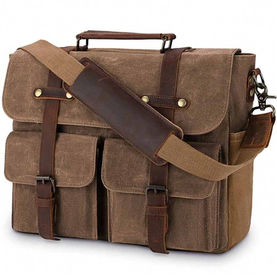 Mens Laptop Messenger Bag Waterproof Canvas Leather Satchel Briefcase Shoulder Bag Computer Work Bag 15.6 Inch - Brown - View 1