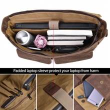 Mens Laptop Messenger Bag Waterproof Canvas Leather Satchel Briefcase Shoulder Bag Computer Work Bag 15.6 Inch - Brown - View 7