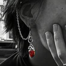 1對嘻哈搖滾哥德風格鍊條不對稱耳環,帶耳袖座,座地經典褶皺,老式波希米亞風格,以心跳形式懸掛 - 復古銀色 - 查看 1