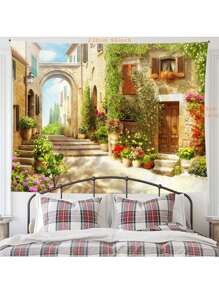 3d 花园壁纸欧洲小镇街景背景布壁挂客厅卧室家居装饰挂布，房间旗帜，房间装饰，挂毯，墙壁装饰，墙壁艺术，房间用品，房间旗帜 - 花園歐洲小鎮 - 查看 3