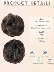 女士凌乱发髻发夹，凌乱波浪卷发发髻接发，蓬松盘发发髻夹式合成假发马尾辫（深棕色） - Dark Brown - 查看 4