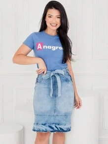 Women Denim Skirts - Rửa nhẹ - Xem 3