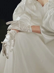 2 件新娘婚礼珍珠串珠软缎短手套，适合婚礼、摄影秋季女士服装 - 白色 - 查看 5