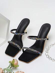 女款黑色高跟涼鞋時尚性感細高跟露趾水鑽拖鞋 - 黑色 - 查看 5