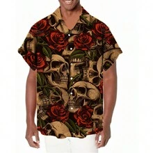 Camisa hawaiana informal de manga corta para hombre con estampado de calavera y alta elasticidad