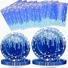 60入組藍銀桌具套裝,包含7''和9''晚餐甜點盤、午餐餐巾,適用於公主銀閃閃生日派對用品、婚禮、茶會、周年慶典、嬰兒派對桌面裝飾 - blue silvery - 查看 1