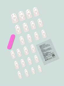 24入組中長杏仁形法式指甲尖帶有白色心型和火焰圖案的美甲套裝,包括一件果凍膠和一個指甲文件,適用於女性和女孩 - 彩色 - 查看 2