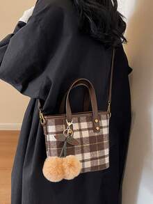 Fashionable Vintage Plaid Shoulder Bag With Woolen Material For Autumn And Winter - Brown - View 6