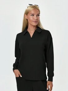 女性休閒長袖polo衫,適合運動和街頭穿搭 - 黑色 - 查看 4