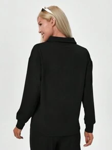 女性休閒長袖polo衫,適合運動和街頭穿搭 - 黑色 - 查看 2