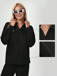 女性休閒長袖polo衫,適合運動和街頭穿搭 - 黑色 - 查看 3