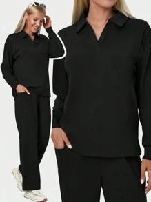 女性休閒長袖polo衫,適合運動和街頭穿搭 - 黑色 - 查看 1