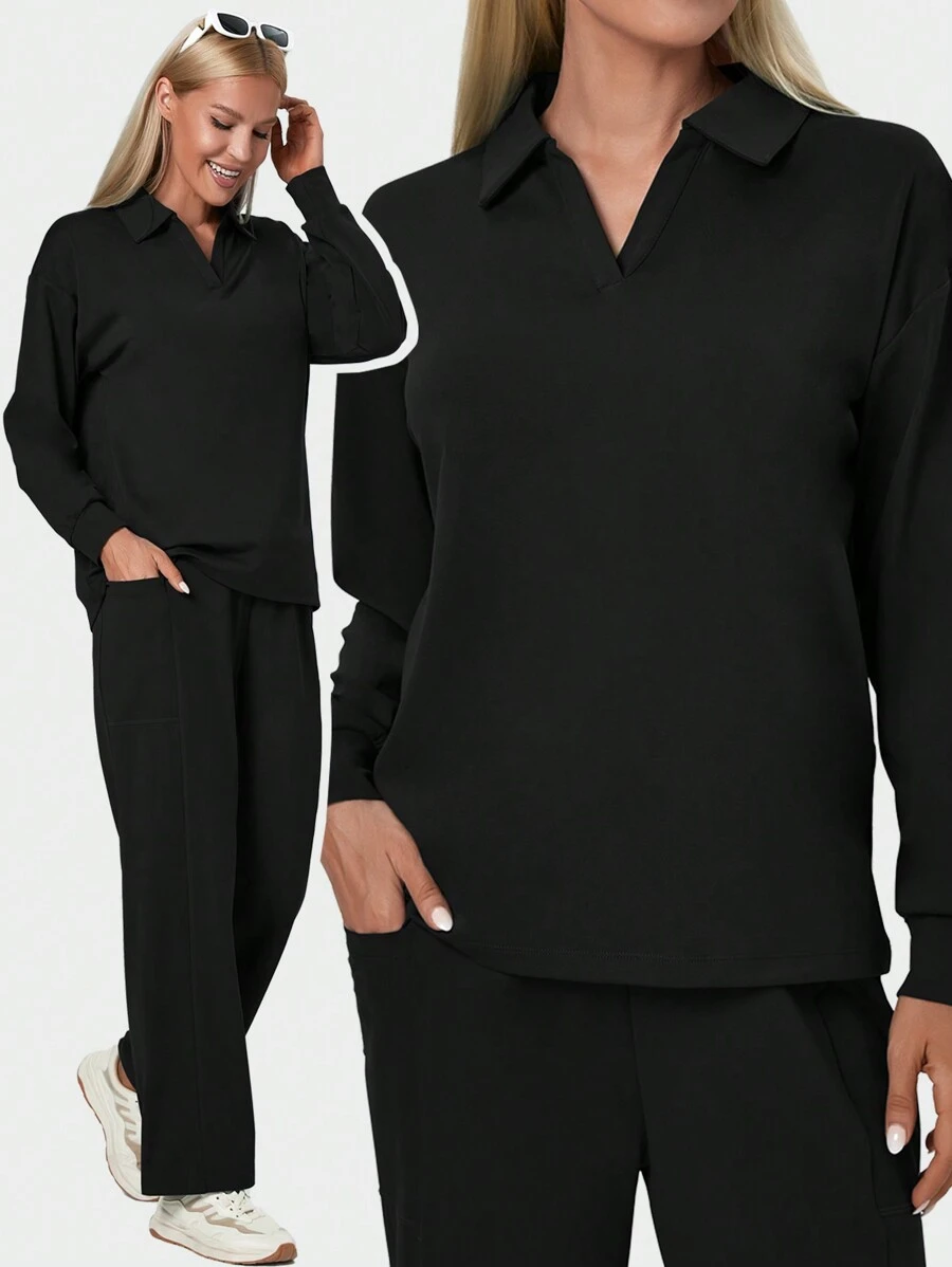 女性休閒長袖polo衫,適合運動和街頭穿搭 - 黑色 - 查看 1