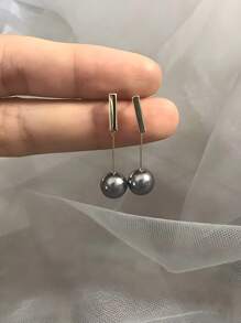 法式高端款S925純銀灰黑色珍珠吊墜耳環一對，通用款14K黃金鍍層長式耳環，適合送給女士的禮物 - 灰色 - 查看 2