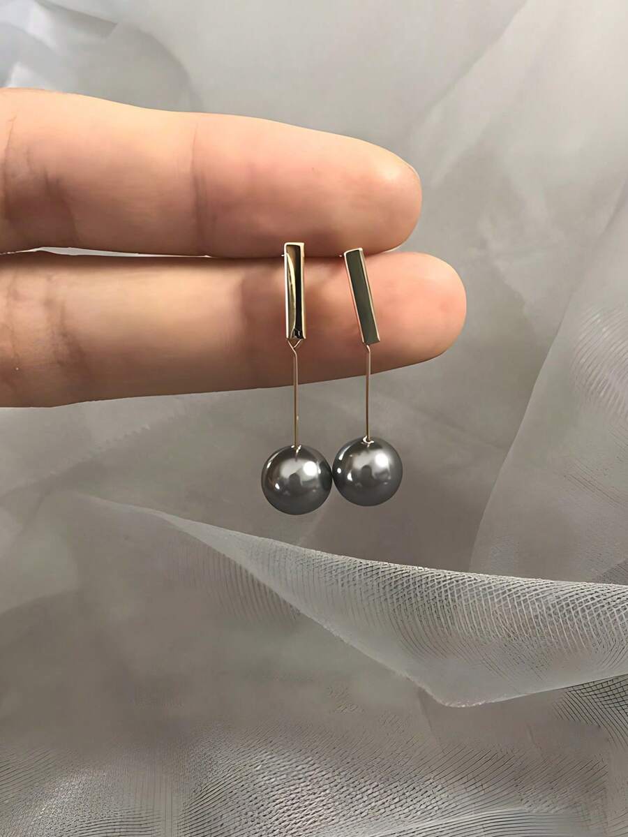 法式高端款S925純銀灰黑色珍珠吊墜耳環一對，通用款14K黃金鍍層長式耳環，適合送給女士的禮物