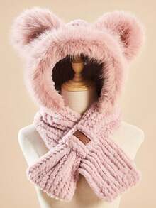 兒童帽子和圍巾套裝,可愛的熊設計鬆軟厚實的冬季保暖帽子和圍巾組合,適合寒冷天氣 - 粉色 - 查看 2