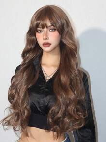 30 吋棕色長自然波浪合成假髮帶瀏海女式自然假髮適合日常派對使用 - 棕色 - 查看 1