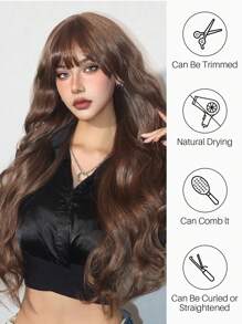 30 吋棕色長自然波浪合成假髮帶瀏海女式自然假髮適合日常派對使用 - 棕色 - 查看 6