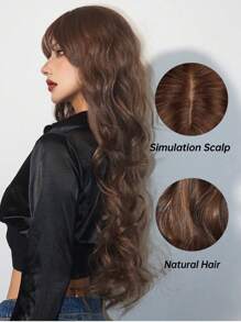30 吋棕色長自然波浪合成假髮帶瀏海女式自然假髮適合日常派對使用 - 棕色 - 查看 5
