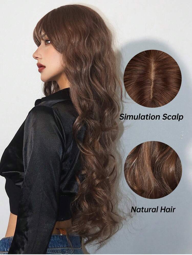 30 吋棕色長自然波浪合成假髮帶瀏海女式自然假髮適合日常派對使用 - 棕色 - 查看 5