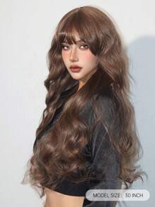 30 吋棕色長自然波浪合成假髮帶瀏海女式自然假髮適合日常派對使用 - 棕色 - 查看 3