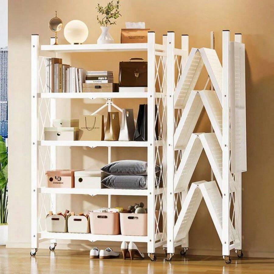 Estantería de almacenamiento de estante de metal plegable de 5 niveles, resistente, con ruedas, sin ensamblaje, se mueve fácilmente, estantes organizadores, ideal para garaje, cocina, portátil y soporta hasta 1000 libras