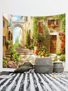 3d 花园壁纸欧洲小镇街景背景布壁挂客厅卧室家居装饰挂布，房间旗帜，房间装饰，挂毯，墙壁装饰，墙壁艺术，房间用品，房间旗帜 - 花園歐洲小鎮 - 查看 1