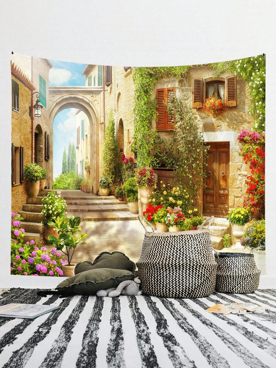 3d 花园壁纸欧洲小镇街景背景布壁挂客厅卧室家居装饰挂布，房间旗帜，房间装饰，挂毯，墙壁装饰，墙壁艺术，房间用品，房间旗帜 - 花園歐洲小鎮 - 查看 1