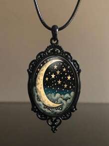 1pc Gothic Style Moon & Starry Sky Patterned Black Glass Pendant Wax Line Leather Cord Necklace, Suitable For Women's Daily Wear, 45+5cm Length Chain