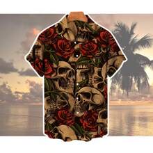 Camisa hawaiana informal de manga corta para hombre con estampado de calavera y alta elasticidad