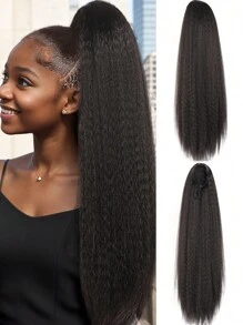 扣繩式直髮馬尾髮片適用於女性蓬鬆厚實的合成燒烤馬尾辮,女孩和女孩的扣繩式合成纖維燒烤馬尾辮 - 黑色 - 查看 1