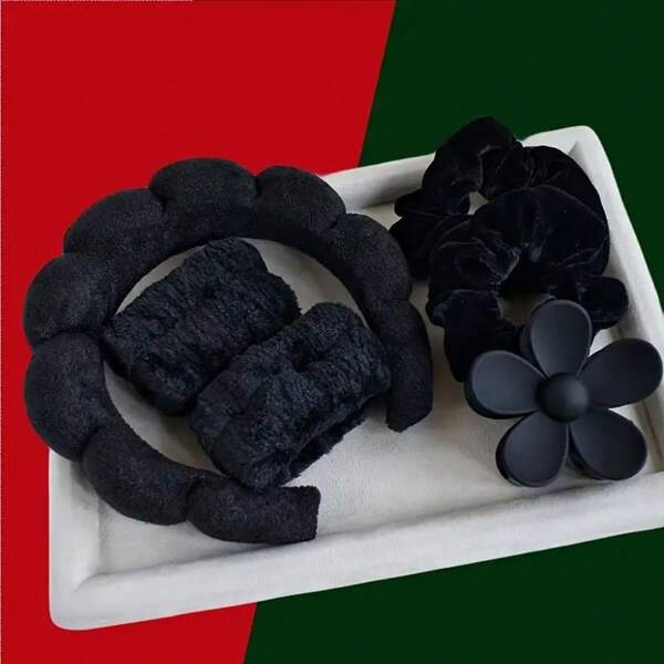 6pcs/Set Women's SPA Hairband Set, Spa Headband Hair Hoop Claw Clip Velvet Hair Hoop Wristband For Washing Face Skincare Makeup Wear, Gift Home Bathroom Decor Summer Back To School