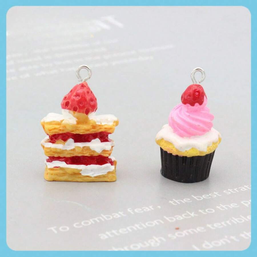 1 對(2 件)逼真 3d 草莓蛋糕和巧克力蛋糕形狀樹脂吊飾適合耳環、手鍊、鑰匙圈、手機帶、禮品、diy 珠寶製作材料 - 彩色 - 查看 1