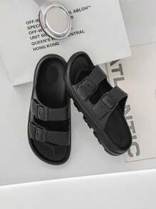 A Pair Of Men's Soft And Comfortable Double Buckle Open Toe Slippers With Backless Design - Black - View 8